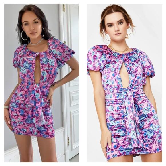 For Love & Lemons Tahiti Ruched Mini Dress Small Purple Floral Satin Cottagecore - Picture 2 of 14